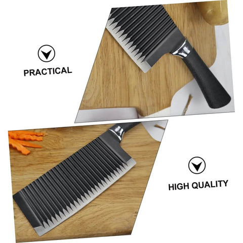 LIFKOME stainless steel wavy crinkle slicer with black handle, front view on a wooden cutting board (Amazon)