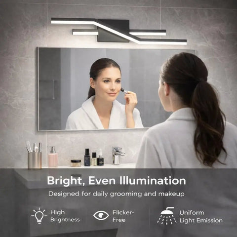 Woman using Ultra Bright Dimmable LED Vanity Light Fixture In Modern Chrome Over Mirror for makeup, bathroom scene