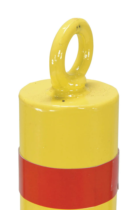 Straight Up Heavy Duty Steel Bollard To Secure Any Parking Spot Or Job Site with top eyelet loop and bright yellow reflector.