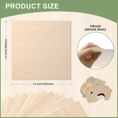 Basswood sheets, 12x12 inches, 1/8 inch (3 mm) thick, 12-pack, unfinished wood for crafts