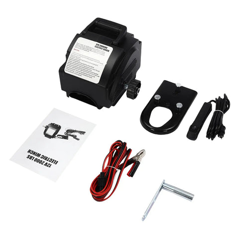 Heavy Duty 2000 Lbs Portable Electric Winch With Hand Crank For Cars And Trailers, 12V DC Marine Boat Trailer Gear Puller Tackle, components and user manual.