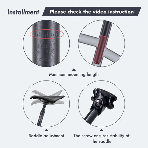 Installation details of Suspension Seatpost With MDU Rubber Memory Damper For A Cushy Ride 45mm Travel Ultralight Aluminum Body.