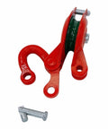 Half-Ton Heavy Duty Single Sheave Yarding Block With Shackle Pulley For Cable And Wire Rope, 1000 Lbs WLL, red finish, side view.