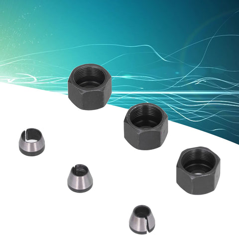 Six Piece Router Collet Kit Set With Carbon Steel Chuck Adapters And Locknuts For Trimmer And Engraving Machines