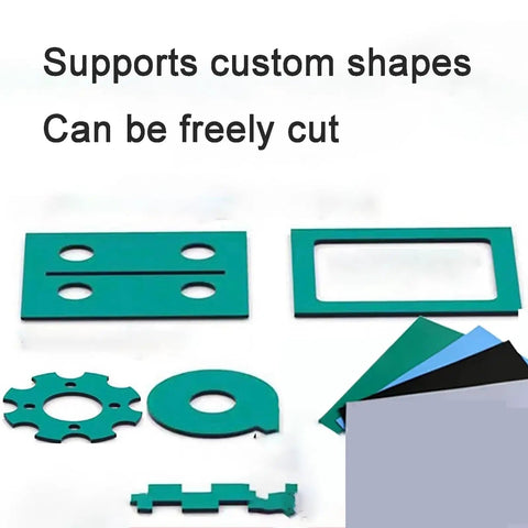 ESD Safe Rubber Mat For Electronics Workstations, Oil And Heat Resistant, 2mm Thick, multiple custom cut shapes displayed