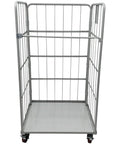 Hella Sturdy Flatbed Cart With Wire Security Cage 1100 Lb Capacity Heavy Duty Warehouse Dolly side view of grey wire enclosure on a rolling cart.