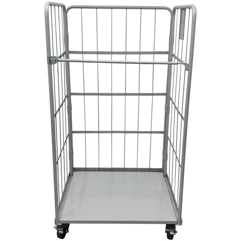 Hella Sturdy Flatbed Cart With Wire Security Cage 1100 Lb Capacity Heavy Duty Warehouse Dolly side view of grey wire enclosure on a rolling cart.
