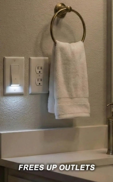 Illuminated Night Light Wall Switch Pack beside outlet and towel, single pole, 15A 120/277V, white, bathroom installation
