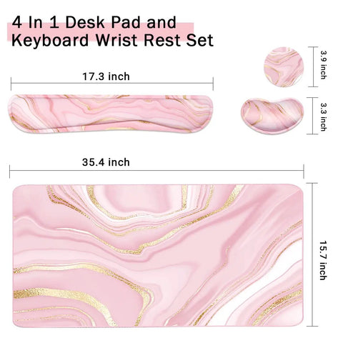 Large Extended Keyboard And Mouse Pad Set With Memory Foam Wrist Rests For Ergonomic Typing Ultra Smooth Desk Pad 3 Piece Pink Gold For Home Office Study And Gaming.