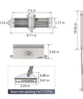 Dimensions and parts of Heavy Duty Automatic Door Closer With Spring Hydraulic Action, Aluminum Alloy Body, Surface Mounted, Fire Resistant And ANSI UL Certified, Residential And Commercial Grade, Adjustable Speed For Doors 187 To 231 Lbs, Silver Finish.