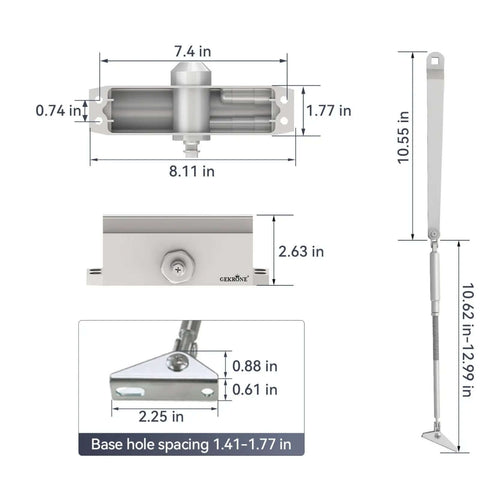 Dimensions and parts of Heavy Duty Automatic Door Closer With Spring Hydraulic Action, Aluminum Alloy Body, Surface Mounted, Fire Resistant And ANSI UL Certified, Residential And Commercial Grade, Adjustable Speed For Doors 187 To 231 Lbs, Silver Finish.