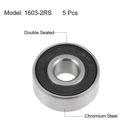 Deep Groove Ball Bearings 1603-2RS Five Sixteenth by Seven Eighth by Eleven Thirty Second Inch Double Sealed Chrome Steel GCr15