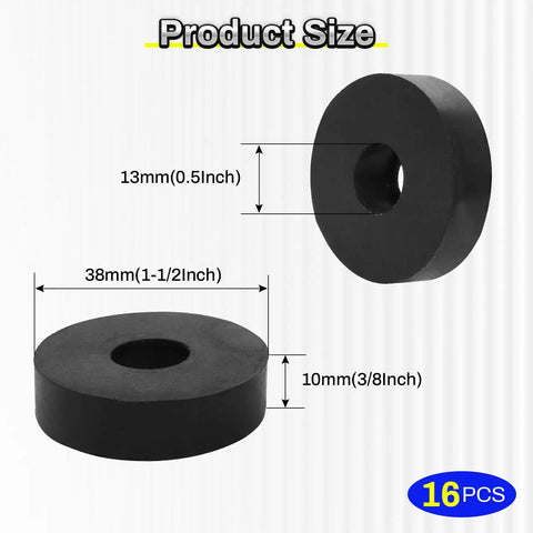 Rock Solid Rubber Spacers And Anti Vibration Washers 16 Piece Set 1.5 Inch Outer Diameter 0.5 Inch Inner Bore 3/8 Inch Thick black rubber pads with dimensions.