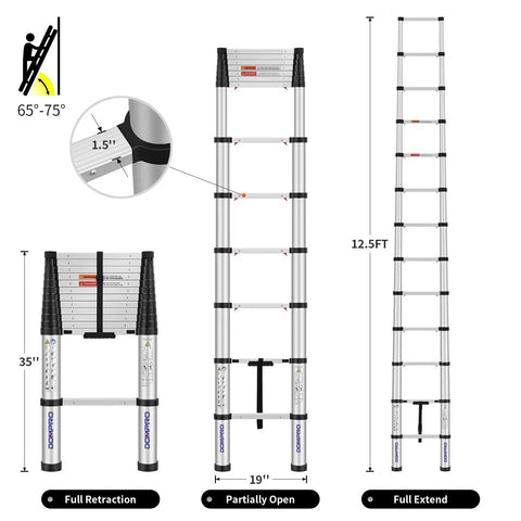 Telescoping Extension Ladder 12.5 Feet With Soft Close Collapsible Design One Button Retraction 330 Lb Capacity showing stages
