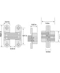 Technical drawing of Hidden Door Hinge Set With Zinc Alloy Concealed Cross Hinges, dimensions 0.61 inch leaf width by 2 3/8 inch height.