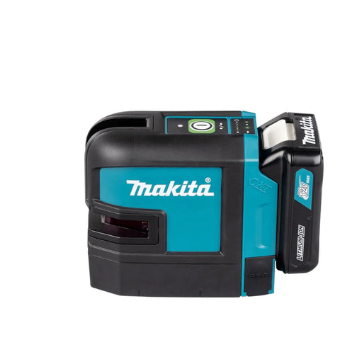 Heavy Duty Cordless Laser Level With Self Leveling Cross Line And Bright Green Beam For Construction Projects That Works Like A Charm Up To 115 Feet Range Paired With 12V CXT Battery System Tool Only side view with battery attached.