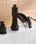 Matte Black 3 Hole Widespread Bathroom Faucet With Two Handles 8 Inch Centers Waterfall Spout Farmhouse Style in use