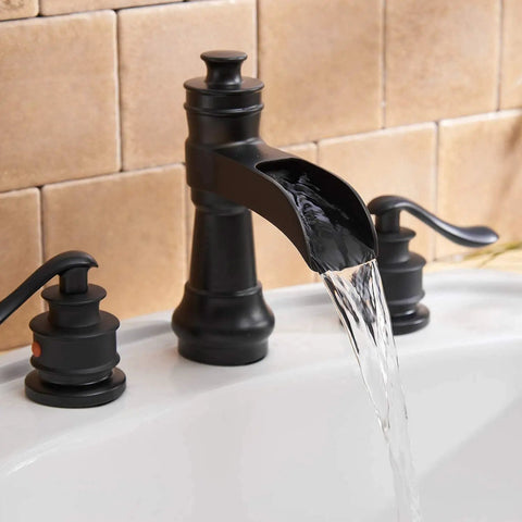 Matte Black 3 Hole Widespread Bathroom Faucet With Two Handles 8 Inch Centers Waterfall Spout Farmhouse Style in use