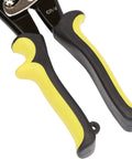 Amazon Basics straight cut aviation snip handles, black and yellow grip, close-up view