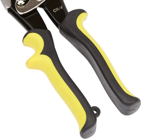 Amazon Basics straight cut aviation snip handles, black and yellow grip, close-up view