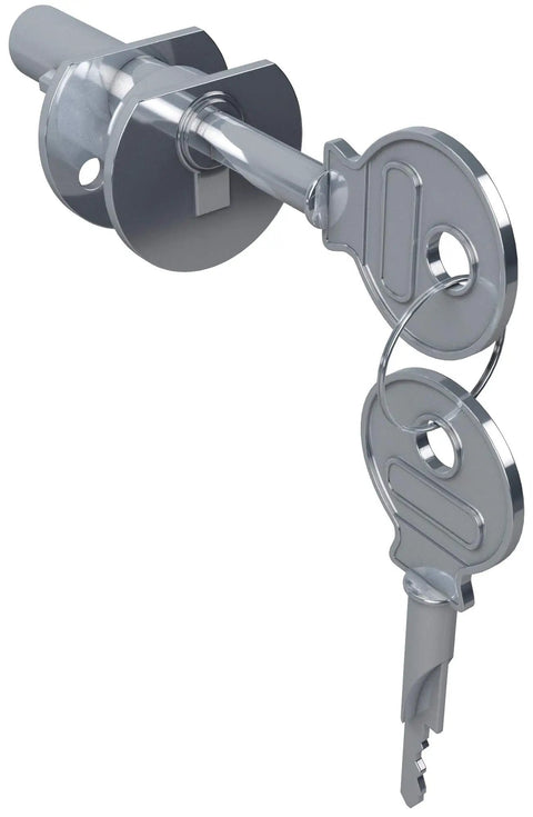 Premium Chrome Universal Plunger Lock Keyed Alike Setup with two keys showing, ideal for glass or wood doors.