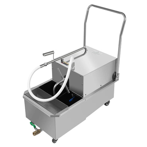 Pro Level Commercial Fryer Oil Filter Workhorse With Rolling Cart And Rugged Stainless Steel Tank featuring hose and filtration setup.