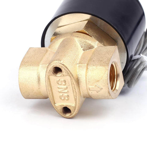 Close-up of 12V DC Brass Electric Solenoid Valve Normally Open 1/4 Inch NPT For Water Air Diesel with a brass body.