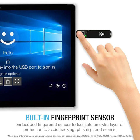 FIDO2 Fingerprint USB A Security Key For Passwordless Login shown activating Windows login via screen touch