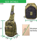 Compact Tactical Outdoor Backpack With 3 Way Carry, front and back views, size details in inches, water-resistant oxford fabric, green color