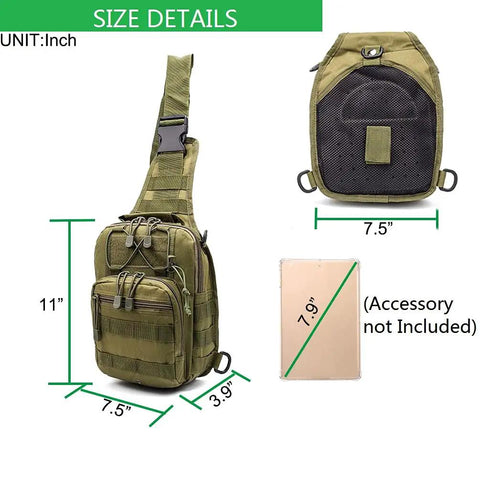 Compact Tactical Outdoor Backpack With 3 Way Carry, front and back views, size details in inches, water-resistant oxford fabric, green color