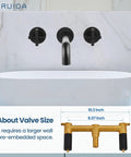 Solid Brass Widespread Wall Mount Bathroom Faucet With 360 Degree Swivel Spout Matte Black Finish Double Cross Handles Rough In Valve Wall Mounted Lavatory Sink Mixer Tap For Vanity 8 Inch Centers Built Tough For Everyday Use shown installed above a white sink with valve dimensions displayed.