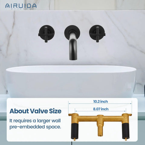 Solid Brass Widespread Wall Mount Bathroom Faucet With 360 Degree Swivel Spout Matte Black Finish Double Cross Handles Rough In Valve Wall Mounted Lavatory Sink Mixer Tap For Vanity 8 Inch Centers Built Tough For Everyday Use shown installed above a white sink with valve dimensions displayed.