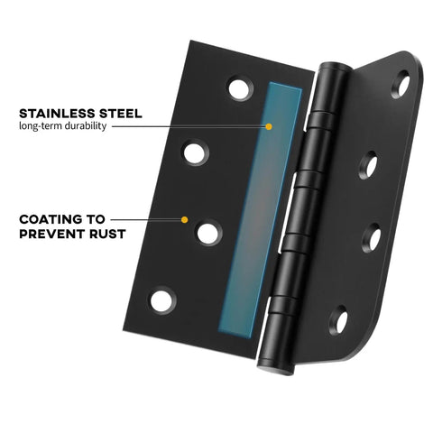 Bombproof Heavy Duty Ball Bearing Door Hinges In Matte Black Finish. Close-up of stainless steel hinge for durability and rust prevention.