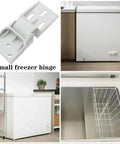 Two Pack Freezer Hinges For Small Chest Freezers Folding 3 Hole Design Durable ABS Plastic White Universal Fit For Most Compact Freezers With A 95 To 110 mm Range And Easy Installation visible in use.