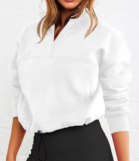 Model wearing Women's Cropped 1/4 Zip Sweatshirt Hoodie With Kangaroo Pocket Lightweight Half Zip Pullover Cozy Relaxed Fit Long Sleeve Top For Fall And Winter Y2K Style White Large