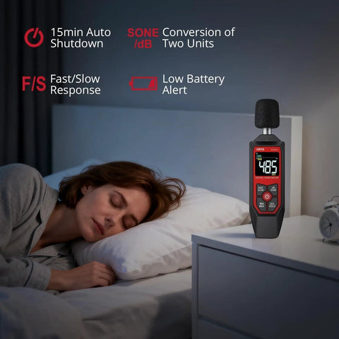 Digital Sound Level Meter With AC Weighted 30 To 130 dB For Home Office Or Industrial Use High Accuracy 1.5 dB Easy Readout Go-To Pro-Grade Decibel Meter For Real World Noise Monitoring And Compliance next to sleeping person on bedside table