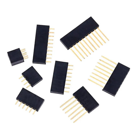 All In One 112Pcs 2.54mm Pin Header Kit For Arduino Prototyping Includes Long And Short Female Headers arranged on white background