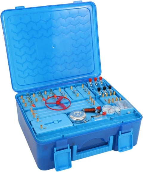 Open Electromagnetism Circuit Experiment Kit With Electromagnetic Starter Complete Physics Lab Box showing components in blue case