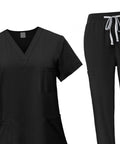 Women's Scrubs Set Top and Jogger Pants for Spa Beauty Workwear, Machine Washable Nurse Uniform, Black, XXL, front view