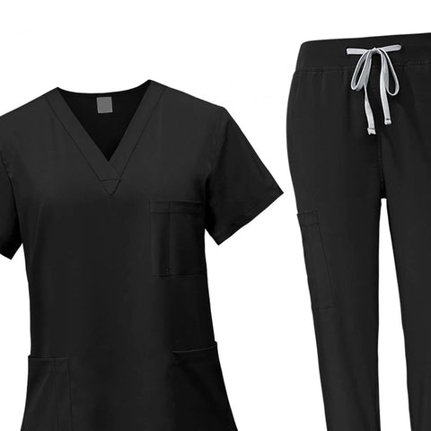 Women's Spa Scrubs Set With Top And Jogging Pants, Machine Washable Nurse Workwear, Super Comfortable Black Uniform, Size L