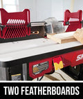 All In One Router Table And 10 Amp Fixed Base Router Kit With Above The Table Adjustment Integrated Bit Storage Aluminum Fence Router Clamp And Starter Pin For Precision Easy Setup Durable Home Workshop Power Tool with two red featherboards.