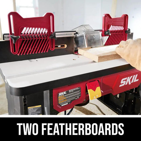 All In One Router Table And 10 Amp Fixed Base Router Kit With Above The Table Adjustment Integrated Bit Storage Aluminum Fence Router Clamp And Starter Pin For Precision Easy Setup Durable Home Workshop Power Tool with two red featherboards.