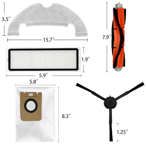 All In One Replacement Parts Kit For D10 Plus Robot Vacuum Cleaner Including Main Brush Side Brushes HEPA Filters Mop Pads And 14 Dust Bags For Quick Easy Maintenance And Peak Performance with measurements.