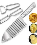 Hong Won crinkle-cut knife, stainless steel with ridged blade; includes 2 metal attachments (3-piece set)