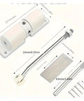 Adjustable Automatic Door Closer Spring Hinge For Indoor Doors Up To 30 Kg, detailed components with measurements shown