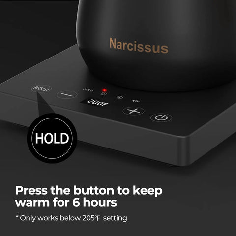 Close-up of the Gooseneck Electric Kettle With Precision Temperature Control Within One Degree Fahrenheit 1200W Rapid Boil In Five Minutes Keeps Warm Six Hours 304 Stainless Interior BPA Free Black showing control panel with hold button.