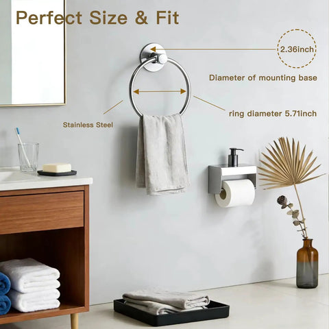 Self Adhesive Towel Ring Wall Mount Brushed Nickel SUS304 Stainless Steel Rustproof Hand Towel Holder in bathroom setup