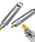 Heavy Duty Industrial Drawer Slides Built Like A Tank 76 Inch full extension side mount steel cabinet rails with yellow latch.