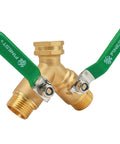 4 Way Brass Hose Splitter with Metal Handle and Solid Brass Valve, showing side view with green handles and 3/4-inch connectors