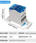 Two Pack Heavy Duty DIN Rail Power Distribution Block 80A With One Input Six Output Terminals Electrical Wire Connector Supports 14 To 6 AWG Wire For Home RV Marine Solar Automotive Industrial Wiring, 64x46x28mm, nickel-plated brass